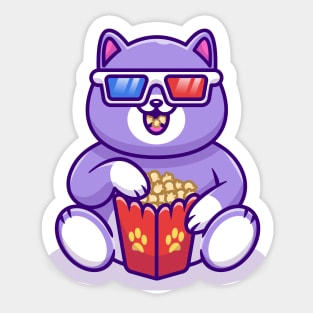 Cute Fat Cat Watching Movie With Popcorn Cartoon Sticker